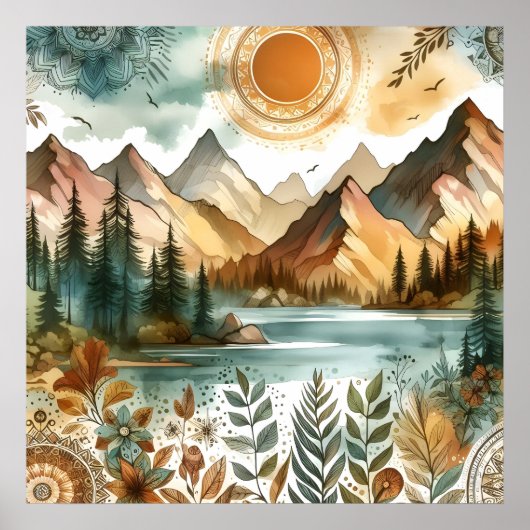 Sunny Rustic Boho Nature Pattern Mountain Lake ポスター (正面)