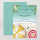 Sunny Tropical Beach Palm Leaves Teal Birthday 招待状 (正面/裏面)