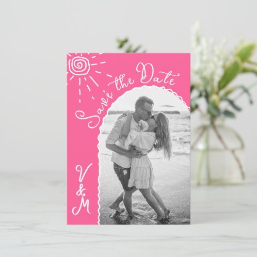 Sunny Tropical Hand drawn日付写真を保存 招待状 (スタンド正面)