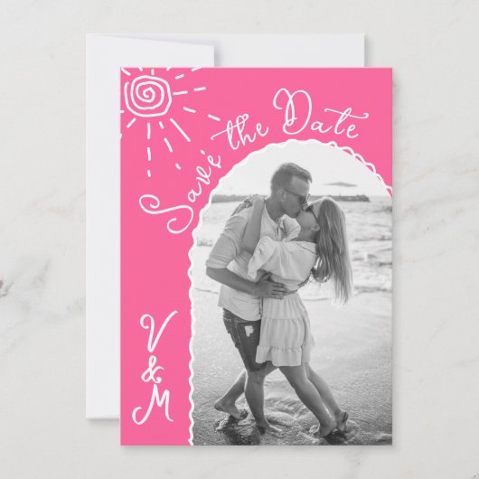 Sunny Tropical Hand drawn日付写真を保存 招待状 (正面)