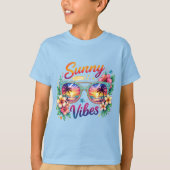 Sunny Vibes Tropical Sunset Sunglasses Kids Basic Tシャツ (正面)