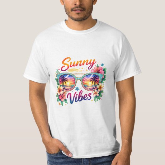 Sunny Vibes Tropical Sunset Sunglasses Men’s Value Tシャツ (正面)