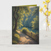 Sunny woodland pathway through the trees カード (黄色い花)