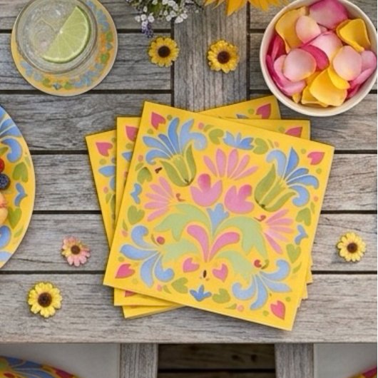 Sunny Yellow and Blue Summer Floral スタンダードカクテルナプキン