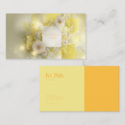 Sunny Yellow Mimosa Floral Geometric Diamond 名刺 (正面/裏面)
