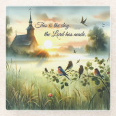 Sunrise Church with Birds in Misty Meadow ガラスコースター (正面)