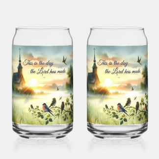 Sunrise Church with Birds in Misty Meadow ガラス缶