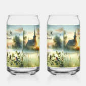 Sunrise Church with Birds in Misty Meadow ガラス缶 (右)