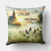 Sunrise Church with Birds in Misty Meadow クッション (裏面)