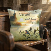 Sunrise Church with Birds in Misty Meadow クッション