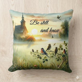 Sunrise Church with Birds in Misty Meadow クッション