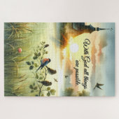 Sunrise Church with Birds in Misty Meadow ジグソーパズル (横)