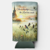 Sunrise Church with Birds in Misty Meadow スリム缶クーラー (裏面)