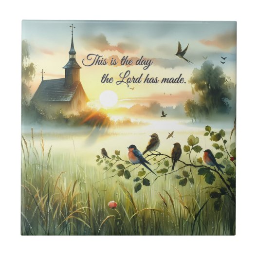 Sunrise Church with Birds in Misty Meadow タイル (正面)