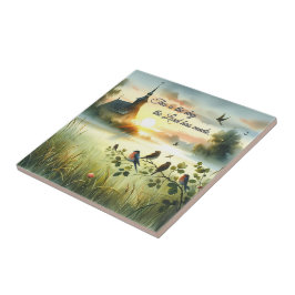 Sunrise Church with Birds in Misty Meadow タイル