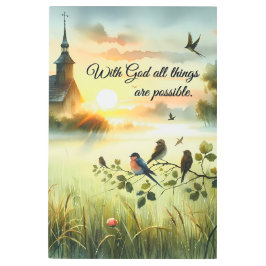 Sunrise Church with Birds in Misty Meadow メタルプリント