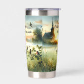 Sunrise Church with Birds in Misty Meadow 保温保冷タンブラー (左面)