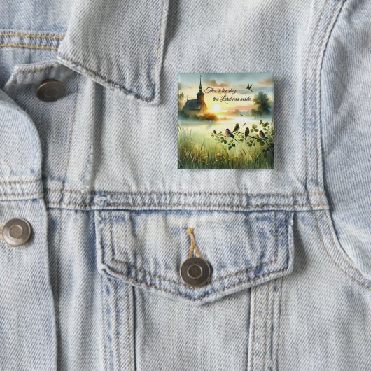 Sunrise Church with Birds in Misty Meadow 缶バッジ (インサイチュ)