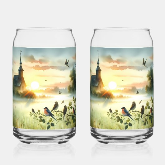 Sunrise Church with Birds in Misty Meadow No Verse ガラス缶 (正面)