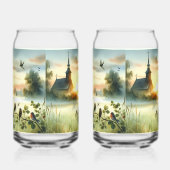 Sunrise Church with Birds in Misty Meadow No Verse ガラス缶 (右)