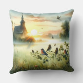 Sunrise Church with Birds in Misty Meadow No Verse クッション (裏面)