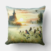 Sunrise Church with Birds in Misty Meadow No Verse クッション (正面)