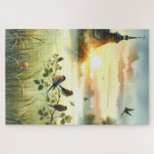 Sunrise Church with Birds in Misty Meadow No Verse ジグソーパズル (横)