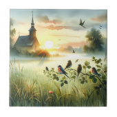 Sunrise Church with Birds in Misty Meadow No Verse タイル (正面)