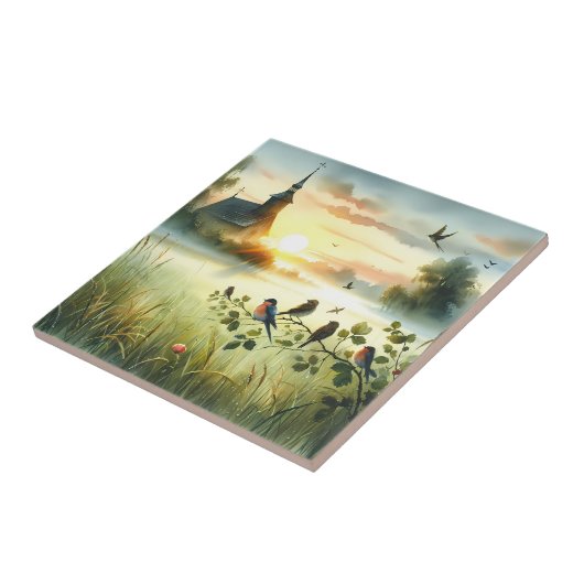 Sunrise Church with Birds in Misty Meadow No Verse タイル (側面)