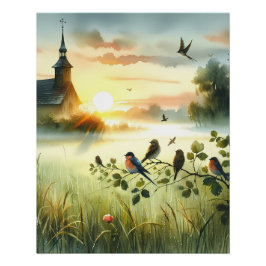 Sunrise Church with Birds in Misty Meadow No Verse ポスター