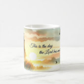 Sunrise Church with Birds in Misty Meadow Text コーヒーマグカップ (中央)