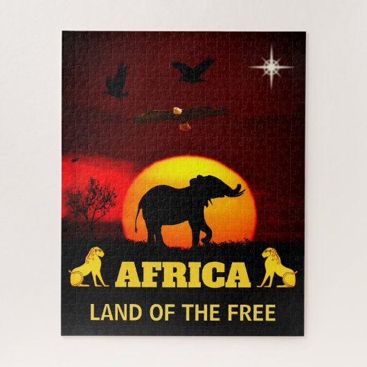 Sunrise, eagles, lions & elephant on Africa land ジグソーパズル (縦)