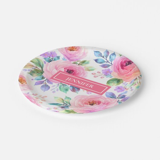 Sunrise Floral Boho Custom Name Design ペーパープレート (アングル)