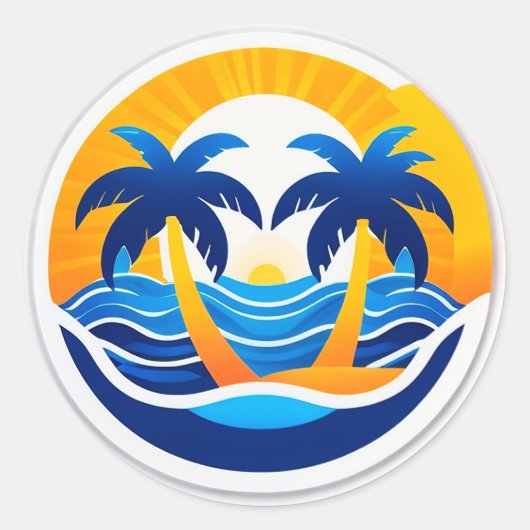 🌅 Sunrise Ocean Waves Emblem Sticker Coastal Gift ラウンドシール (正面)