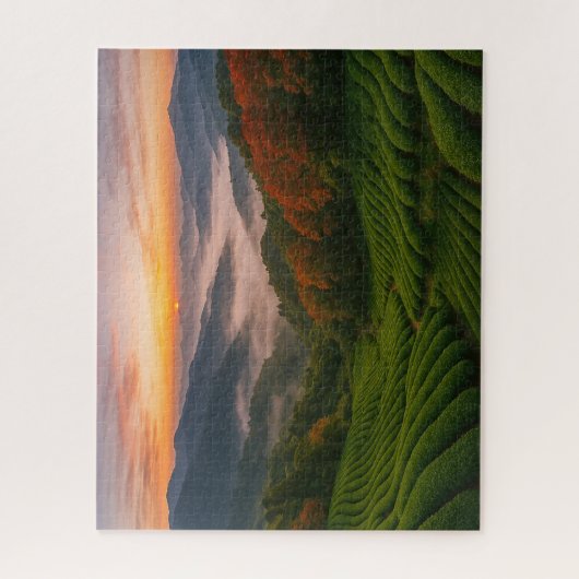 Sunrise over Mountain Tea Fields in Japan ジグソーパズル (縦)