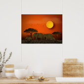 Sunset African savanna Elephants ポスター (キッチン)