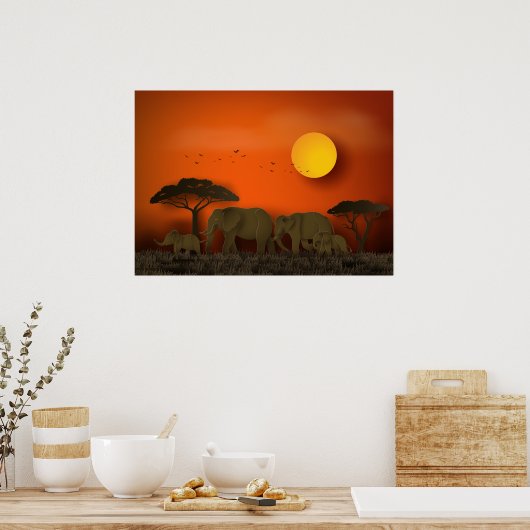 Sunset African savanna Elephants ポスター (キッチン)