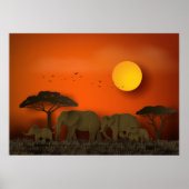 Sunset African savanna Elephants ポスター (正面)