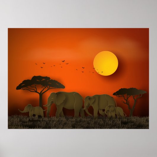 Sunset African savanna Elephants ポスター (正面)