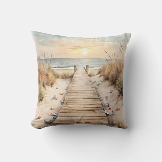 Sunset Beach Boardwalk Watercolor クッション (正面)