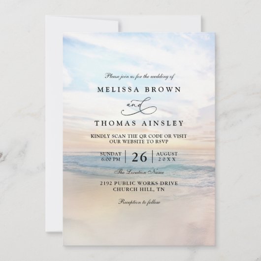 Sunset Beach Elegant Modern QR Code Wedding 招待状 (正面)