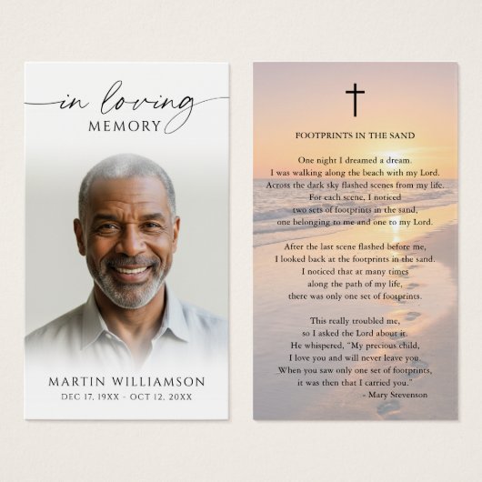 Sunset Beach Footprints Poem Sympathy Prayer Card (正面&裏面)