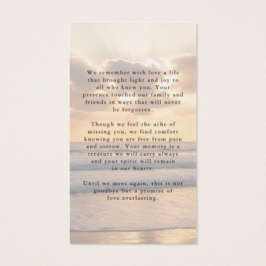 Sunset Beach In Loving Memory Photo Prayer Card (裏面)