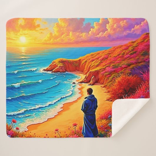 Sunset Beach Solitude Serenity Design シェルパブランケット (正面(横))