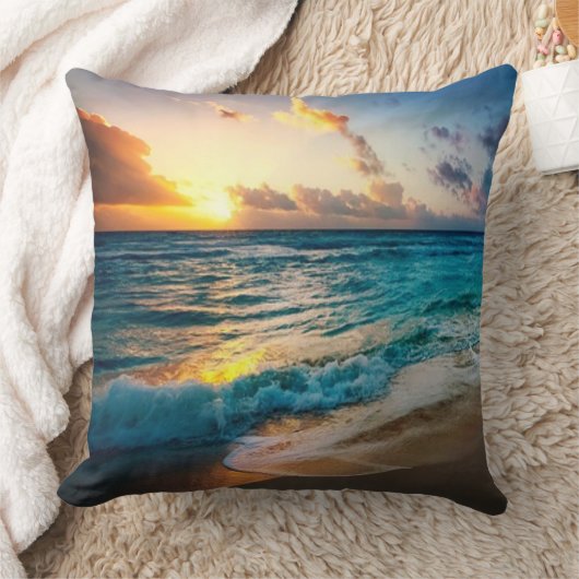 Sunset Beach Square Polyester Large Pillow 19 クッション (ブランケット)