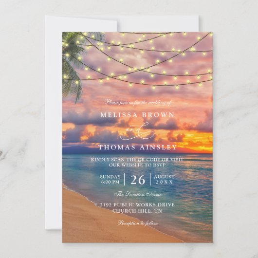 Sunset Beach String Lights QR Code Wedding 招待状 (正面)