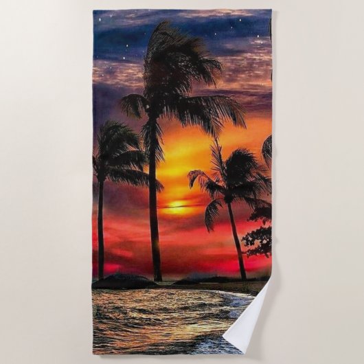 Sunset Beach Towel with the Ocean and Palm Trees ビーチタオル (正面)