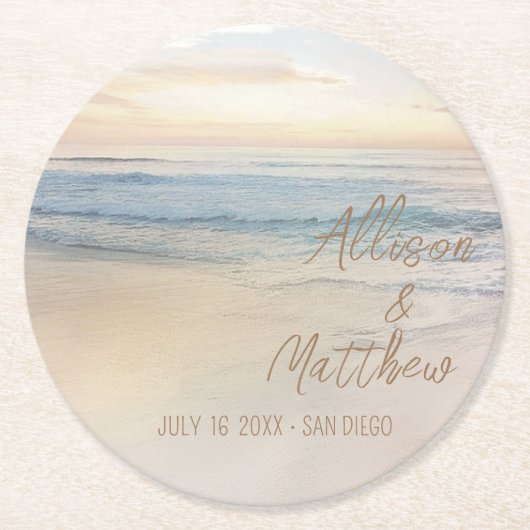 Sunset Beach Wedding ラウンドペーパーコースター (正面)