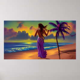 Sunset Beach woman blue sea flowing purple sun ポスター