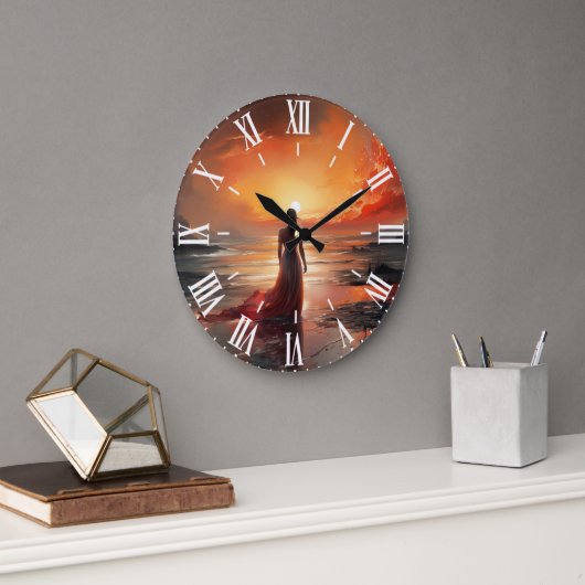 Sunset Beach Woman Wall Clock Art ラージ壁時計 (オフィス)